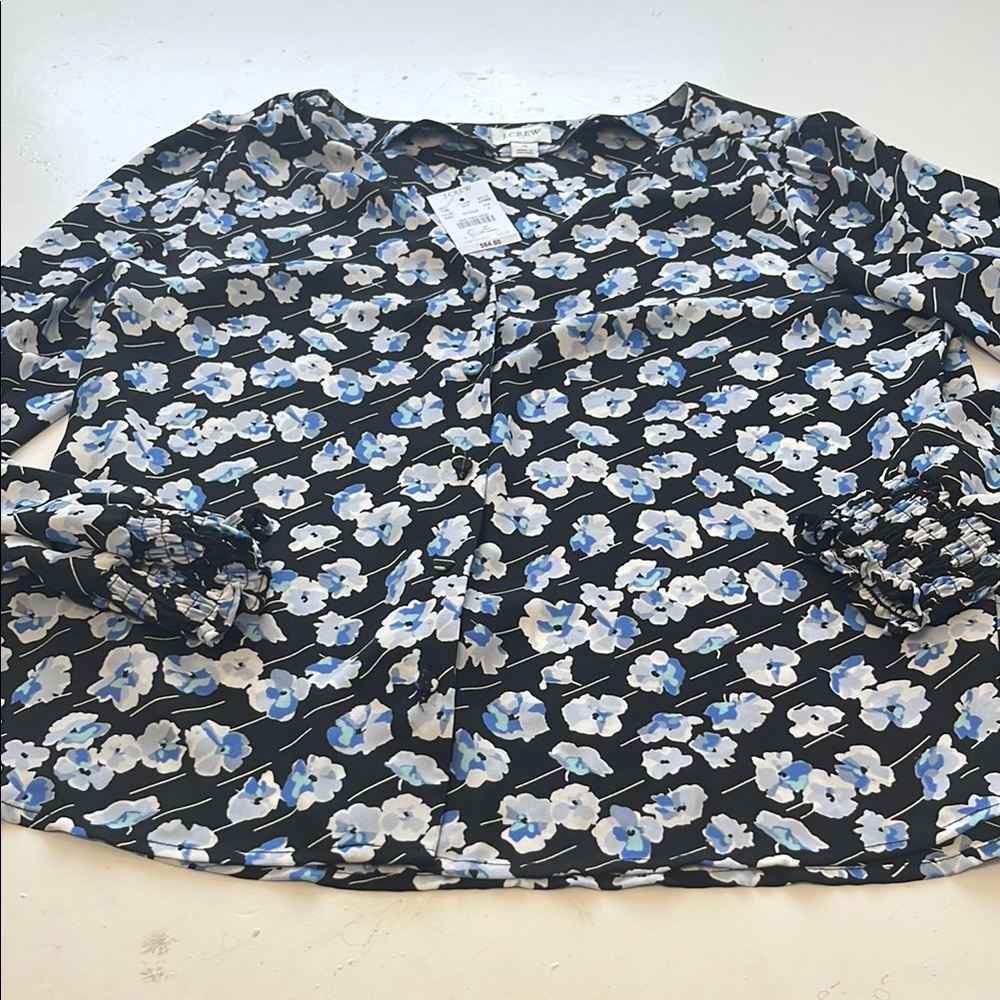 J Crew Sz 4 Long Sleeve Blue Floral Print Button Up Blouse NWT